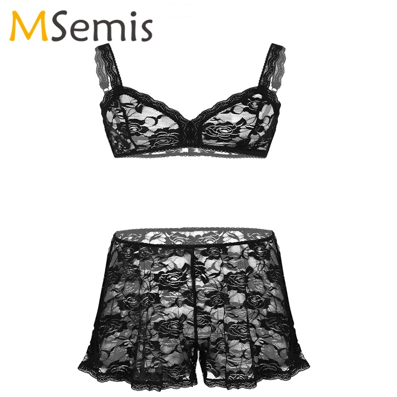 

Mens Sissy Lingerie Set Floral Lace Gay Adjustable Nightwear Sleepwear See Through Sheer Men Bra Top with Loose Shorts