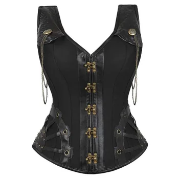 

Gothic Bustiers Black Sexy Lace Up Faux Leather Steampunk Body Shaper Goth Punk Two Shoulder Buckles Slimming Corset Bustier Top