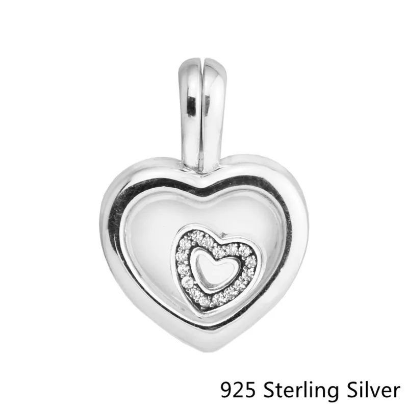 925 Sterling Silver Floating Heart Locket Charm Crystal Glass & Clear