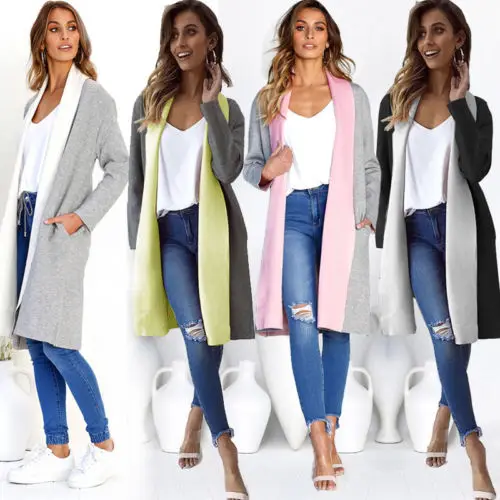 

Autumn Winter Fashion Women Long Jacket Coat New Color Block Cardigan Ladies Overcoat Plus Size Outwear