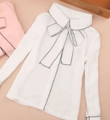 Одежда для девочек Осенняя детская одежда Блузка для девочек Детская рубашка шифоновая белая блузка с очаровательным бантиком блузки, детская одежда От 2 до 16 лет - Цвет: Белый
