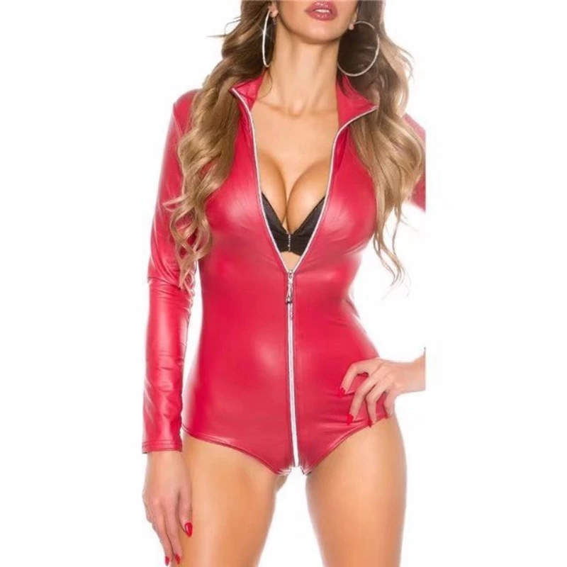 Black PU Leather Bodysuit Women Jumpsuit Long Sleeve Zip Romper Ladies PVC Playsuit Sexy Overalls Erotic Leotard Latex Costumes brown bodysuit