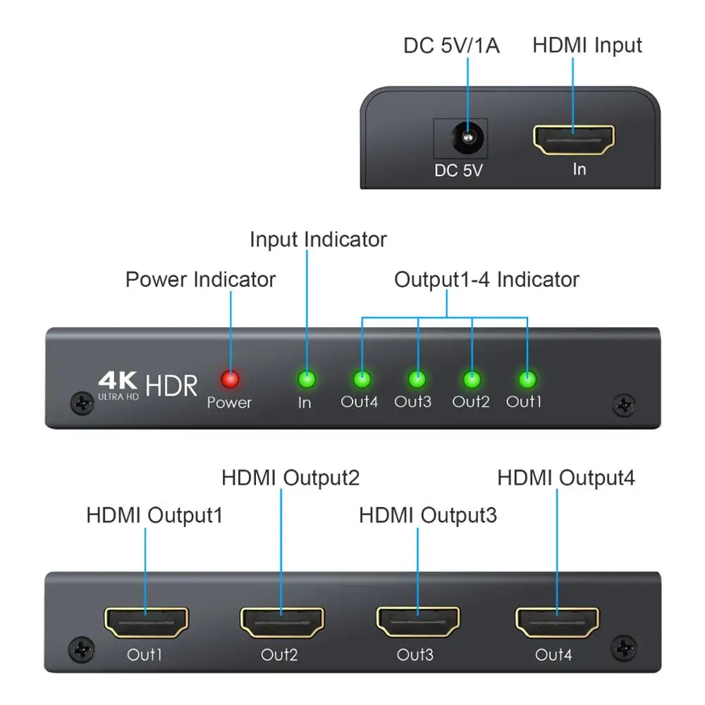 HDMI 2,0 сплиттер поддержка 4 K/60Hz YUV 4:4:4 HDR 1 в 4 Выход HDMI распределение усилитель для PS4 Xbox One Sky Box HD tv проектор