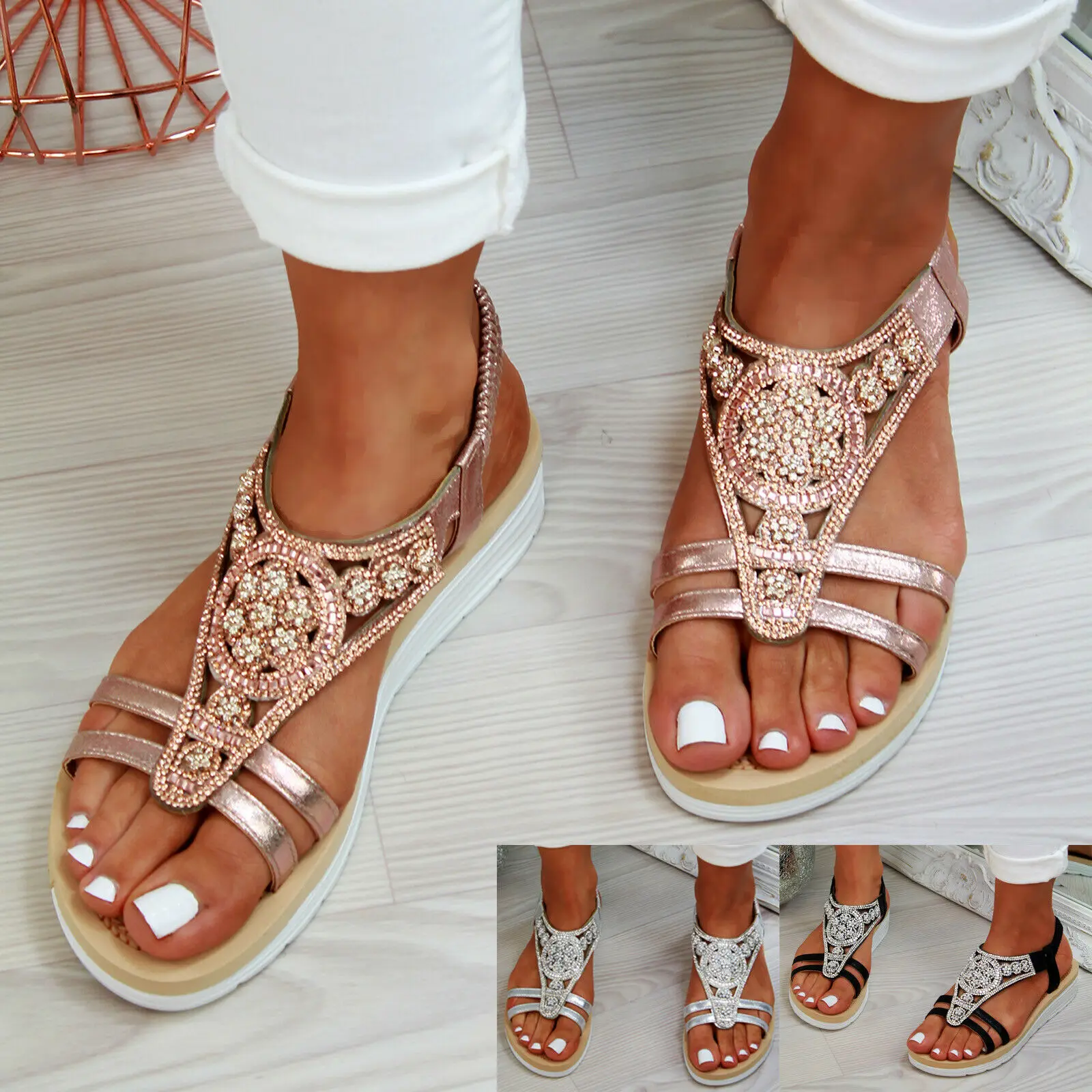 

Oeak 2019 NewWomen`s Beach Shining Rhinestones Shoes Summer Bohemia Sandals Comfortable Shoes Holiday Shoes Sizes 36-41