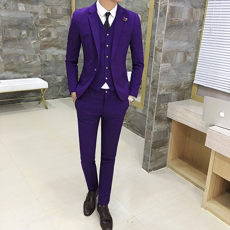 (7 colors) High Quality Men's Business Suit Pure Color Slim Suit Men Jacket + Pants + Vests 2019 New Fashion Mens Wedding Suits