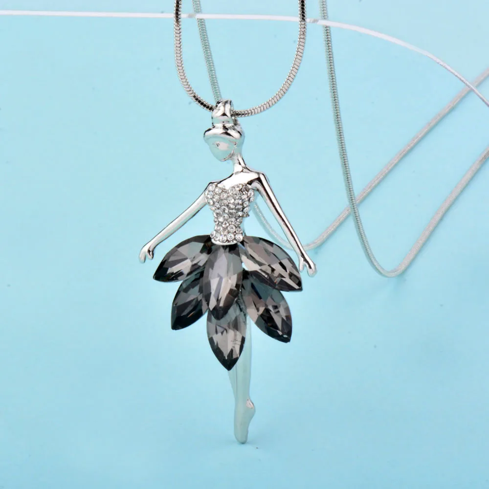 

SINLEERY Fashion Dance Ballet Girl Fairy Angel Necklace Pendants Women Grey Cubic Zirconia Custome Jewelry SSI