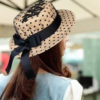 

Lace Bow Handmade Sun Hat Women Straw Hat Beach Big Casual Hat Summer Leisure Hat TY66