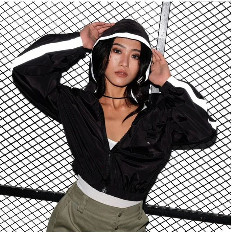 Ubei New Spring long-sleeved hooded thin fashion crop top short casual black reflective hoodies women Ubei New Spring long-sleeved hooded thin fashion crop top short casual black reflective hoodies women