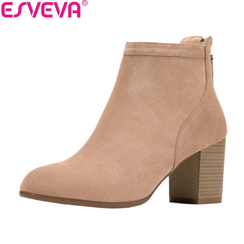 

ESVEVA 2019 Women Boots Basic Round Toe Shoes Zip Short Plush Ankle Boots Square High Heels Sewing Woman Boots Shoe Size 34-39