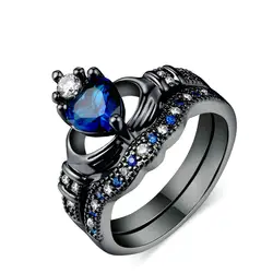 808 SEORE Ретро Свадебные украшения Для женщин кольцо черный Позолоченные синий кристалл в форме сердца Двухслойное кольцо аксессуары и