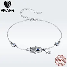 BISAER, 925 пробы, серебряный, синий, сглаза, Фатима, хасма, звено, цепочка, браслет для женщин, хранитель, этнические, модные ювелирные изделия, GXB079