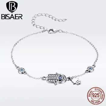 

BISAER 925 Sterling Silver Blue Evil Eye Fatima Hasma Hand Link Chain Bracelet for Women Guardian Ethnic Fashion Jewelry GXB079