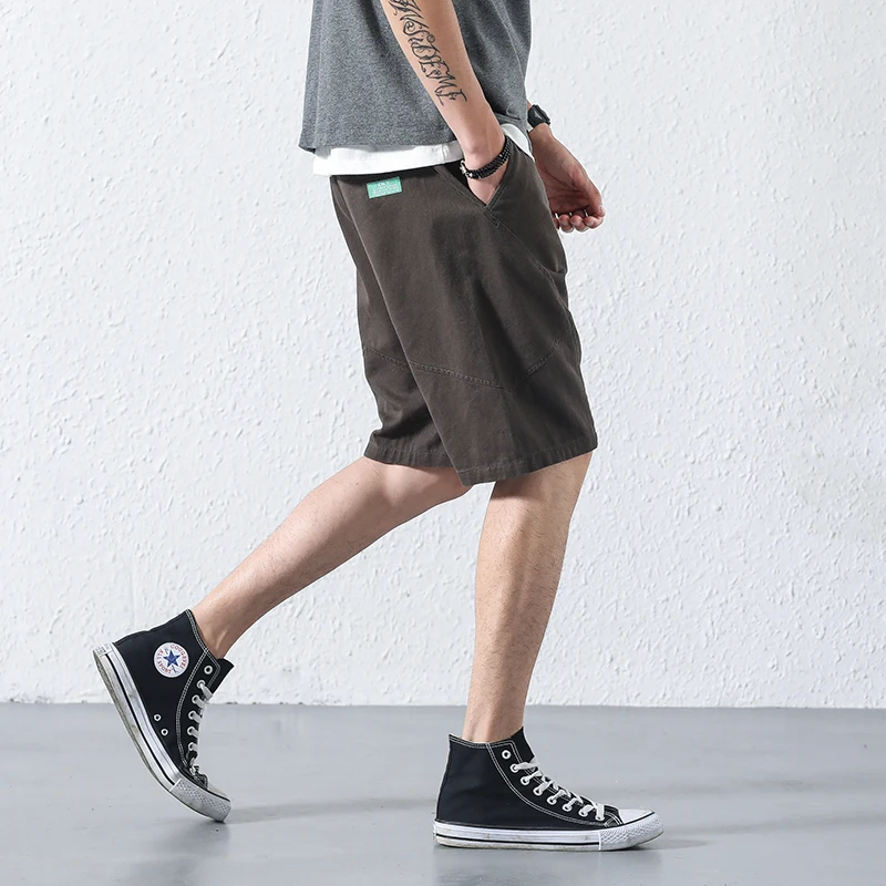 Summer Casual Shorts Men Cotton Mid Drawstring Regular Knee Length Solid Pockets Black Brown ArmyGreen Men Short BINHIIRO CS1901