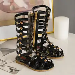 Сандалии-гладиаторы для девочек, сапоги из скраба, кожаные летние черные высокие модные римские детские сандалии, обувь для малышей