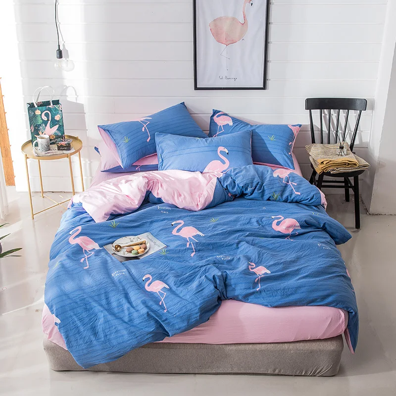 

Flamingo Printed Washed Cotton 3/4pcs Duvet Cover Bed Sheet Pillowcase Set For Girls Bedroom Decor (No Filing)