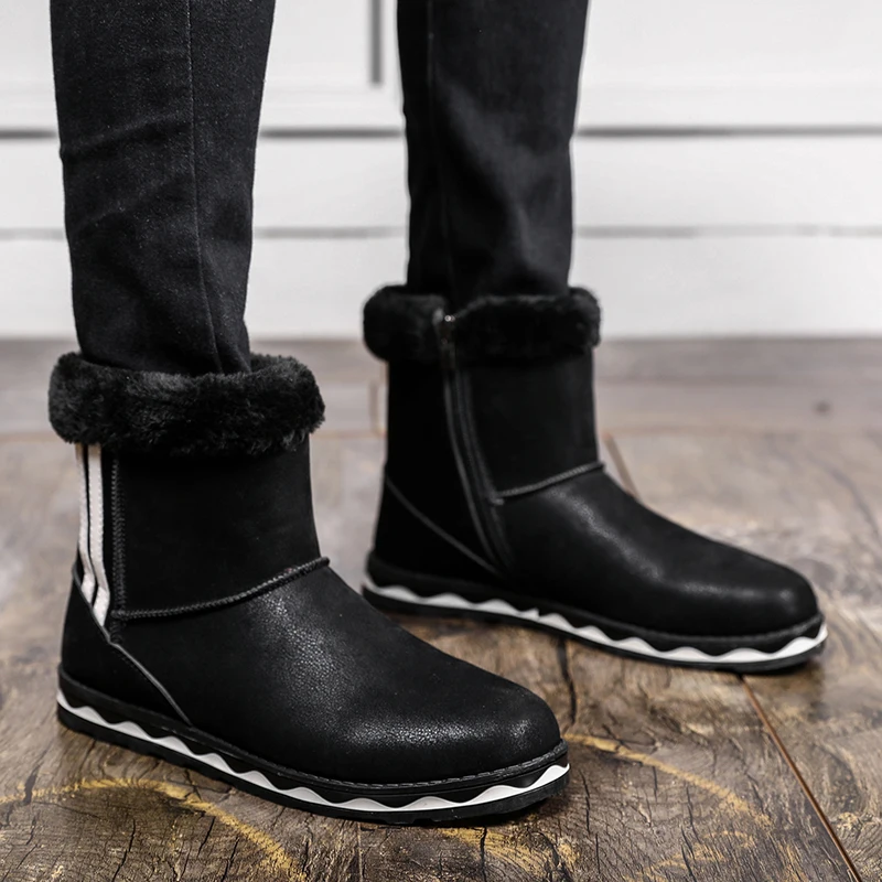 

Mans Snow Boots Black Gray Men Winter Fur Boots Comfortable Mens Zipper Boots Rubber Bottom Casual Warm Shoes For Male