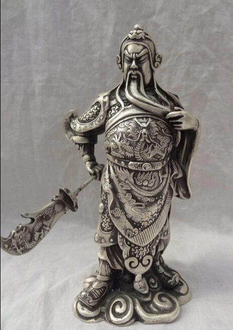 

JP S0114 10" Chinese Silver Dragon Warrior GuanGong Guan Yu God Statue Brass Kuan Kung