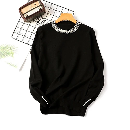 Женский свитер с круглым вырезом, черный базовый свитер с жемчугом, вязаный пуловер, облегающий свитер, зимний женский свитер, вязаные пуловеры - Цвет: black