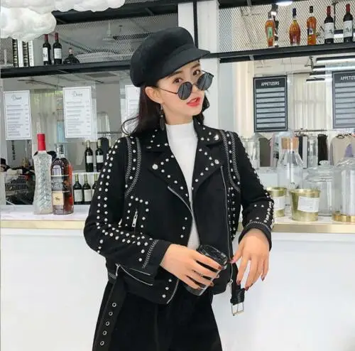 Studded Suede Short Long Sleeve Coat Women's Faux Leather Jacket Outwear  S33