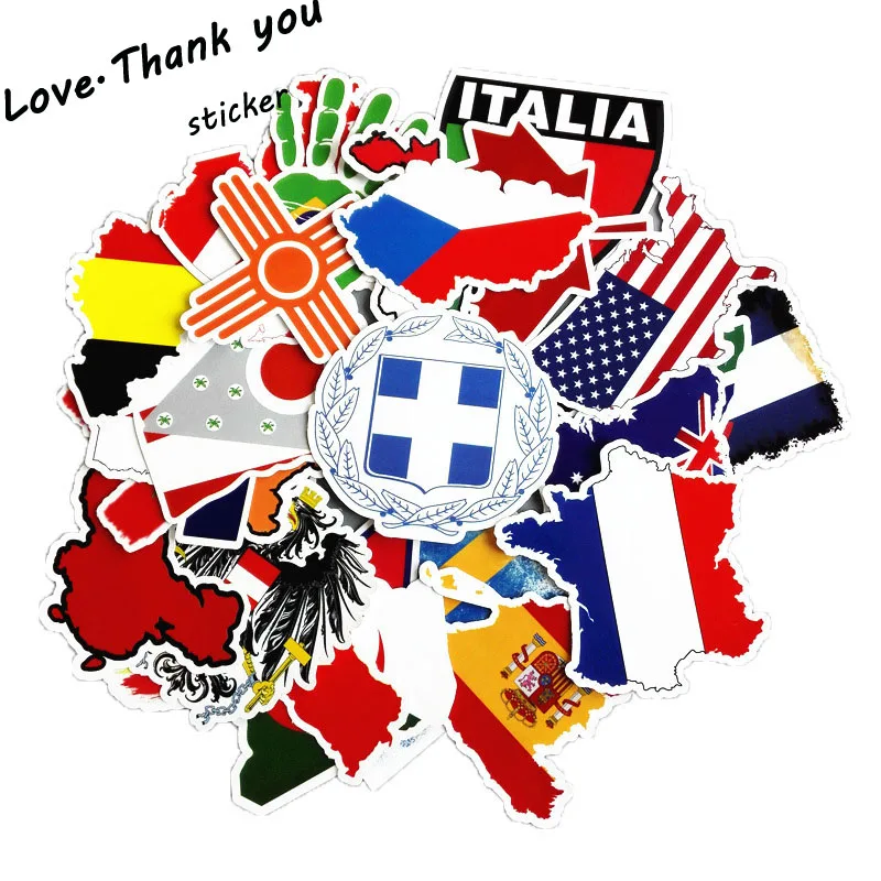 50pcs/lot National Flags Sticker For Laptop Trunk Skateboard Guitar Fridge Phone Case Decal Car-Styling Toy Waterproof Stickers