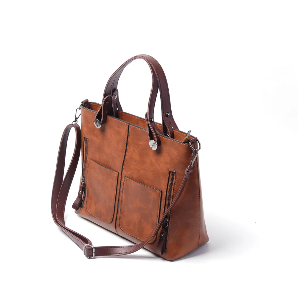 Wholesale Vintage Pu Crossbody BrownTote Bag With Front Pockets , Lined