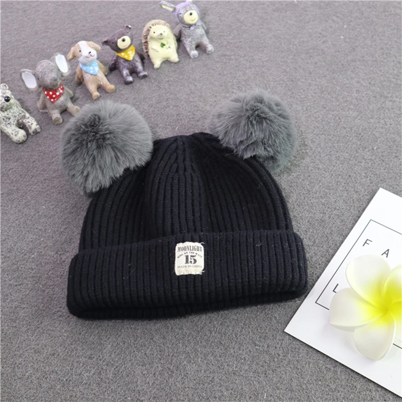 6 цветов, зимняя детская вязаная шапка, милая детская шапка с помпоном, зимняя вязаная детская шапка, Детские теплые зимние шапки, Рождественский подарок - Цвет: Черный