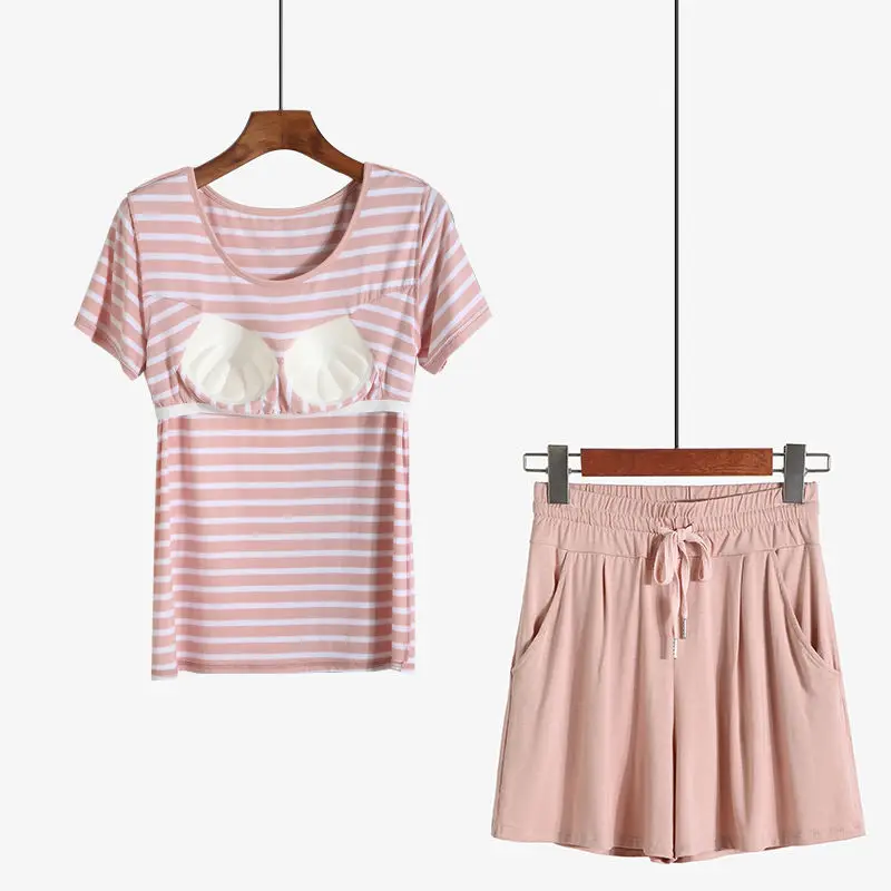 Style 1 Хлопковые пижамы комплект Для женщин Сексапильный полосатый пижамный комплект с бюстгальтером, майка, футболка и шорты, 2 шт./компл. домашняя одежда для сна свободные Размеры спортивный костюм Топ Мода - Цвет: Style 1