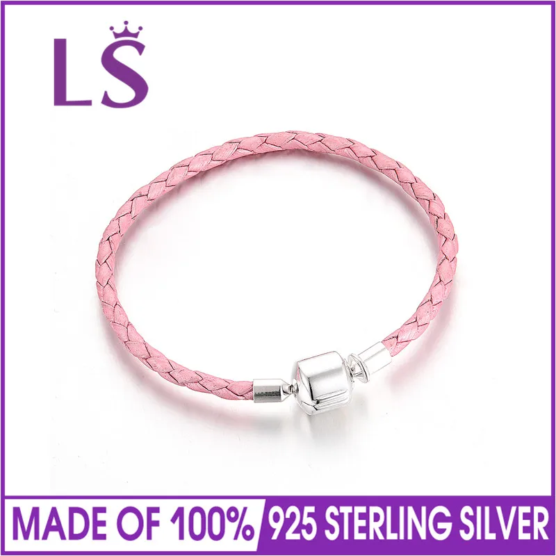 LS Твердые 925 стерлингового серебра застежка розовые кожаные браслеты для женщин штампованные S925 подходит браслеты и браслеты Шарм серебро 925 ювелирные изделия