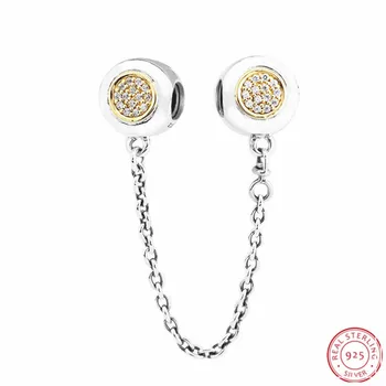 

Silver 925 Elegant LOGO Safety Chain with Central 14K Gold & Clear CZ DIY Fit PANDORA Charms for Women Jewelry Making SF020K