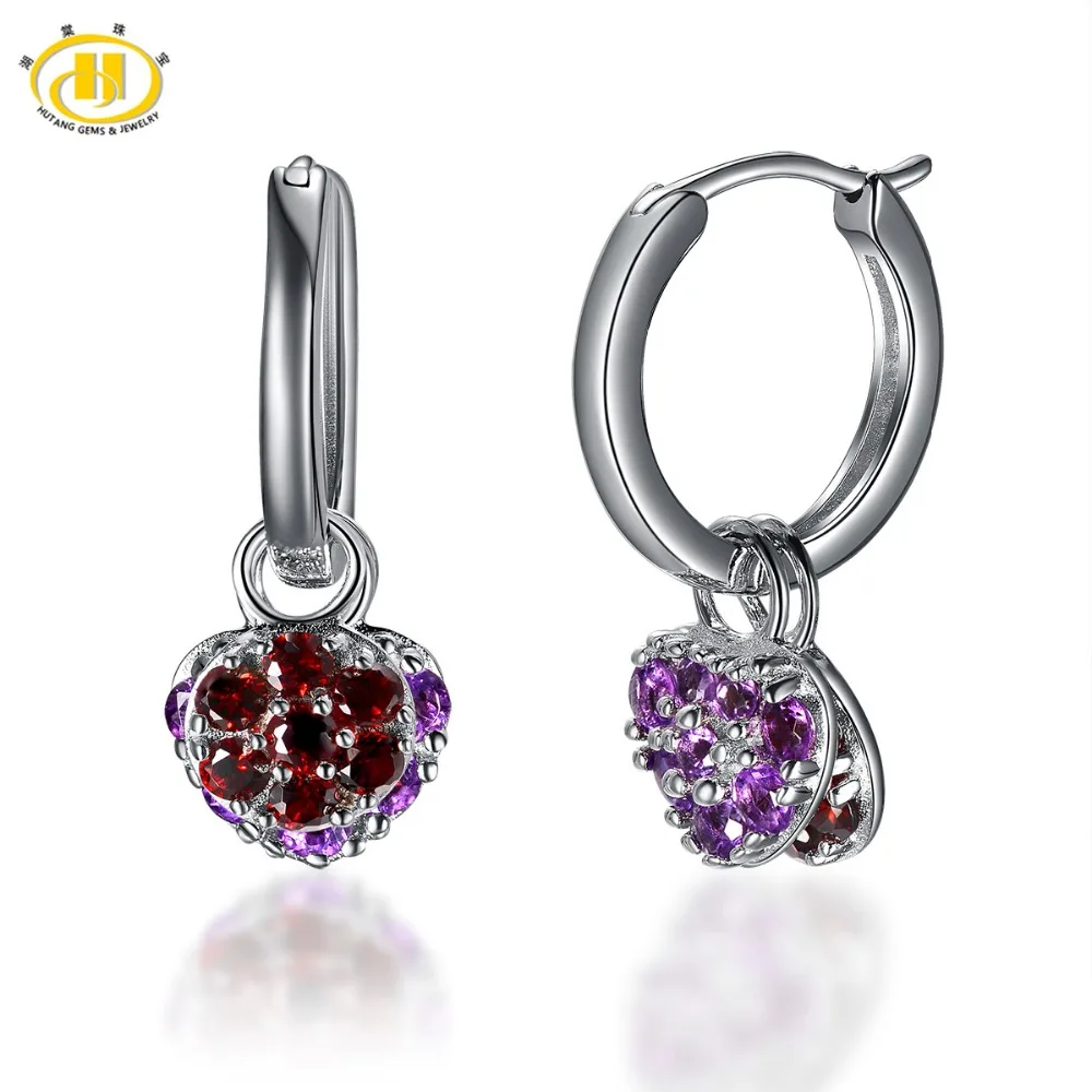 

Hutang Fashion Natural Heart Amethyst & Garnet Heart Earrings Double Size Solid 925 Sterling Silver Fine Jewelry Women's Gift