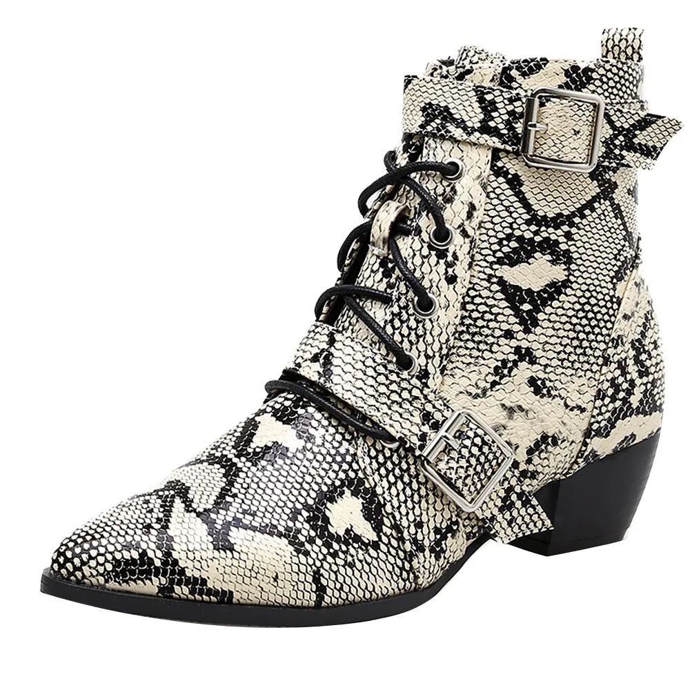 

Women Snakeskin Martin Boot Toe Zip Belt BuckleThick Pointed Booties Shoes Boots Med Heel shoes woman zapatos de mujer boots @L