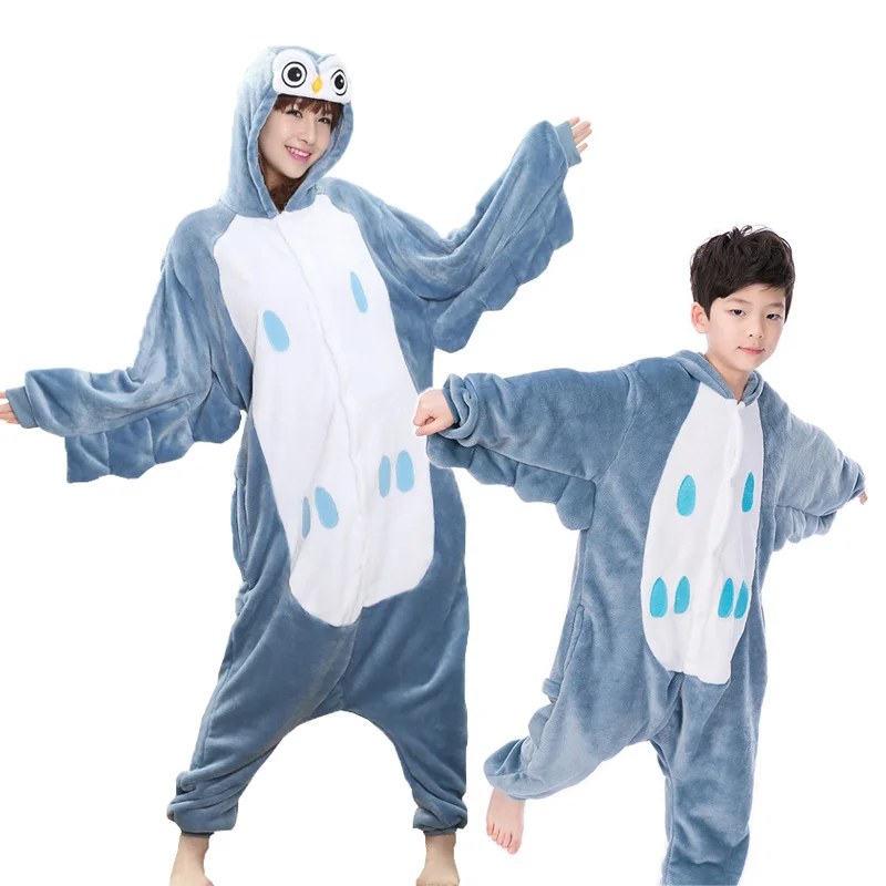 16 Style Flannel Animal Family Matching Pajamas Outfits Winter Hooded Pegasus Unicorn Panda Pyjamas Onesie Mother Kids Sleepwear - Цвет: Owl