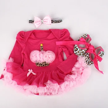 

3PCs per Set Infant Lace Romper Peach Birthday Cake Baby Girls Long Sleeve Tutu Dress Headband Shoe for 0-12months Free Shipping