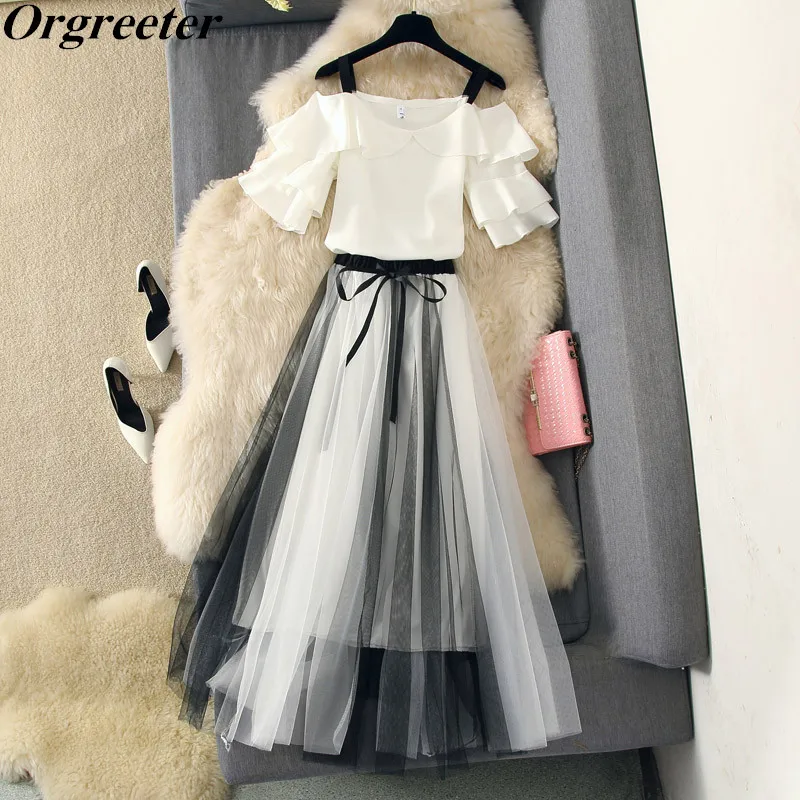

2019 Summer L-4XL Fashion Suit High Qaulity Ruffled Slash neck Chiffon Blouse and Ink Patchwork Mesh Long Skirt Two Piece Set
