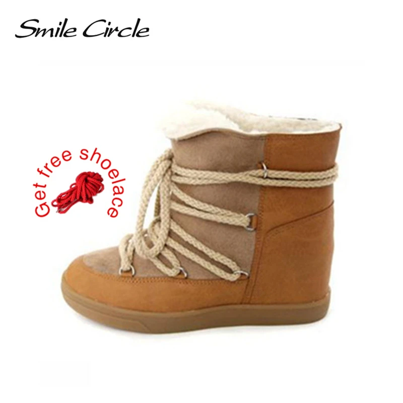 Online Círculo de la sonrisa 2019 zapatos de invierno para mujeres botas de cuña con cordones zapatos elevadores de tacón alto botas de tobillo botas de nieve de felpa cálidas
