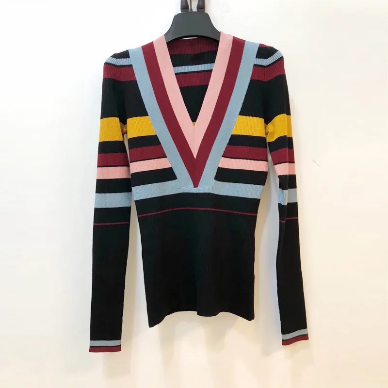 

KENVY Brand Fashion Women's High-end Luxury Autumn Slim Striped V-neck Knitted Sweater