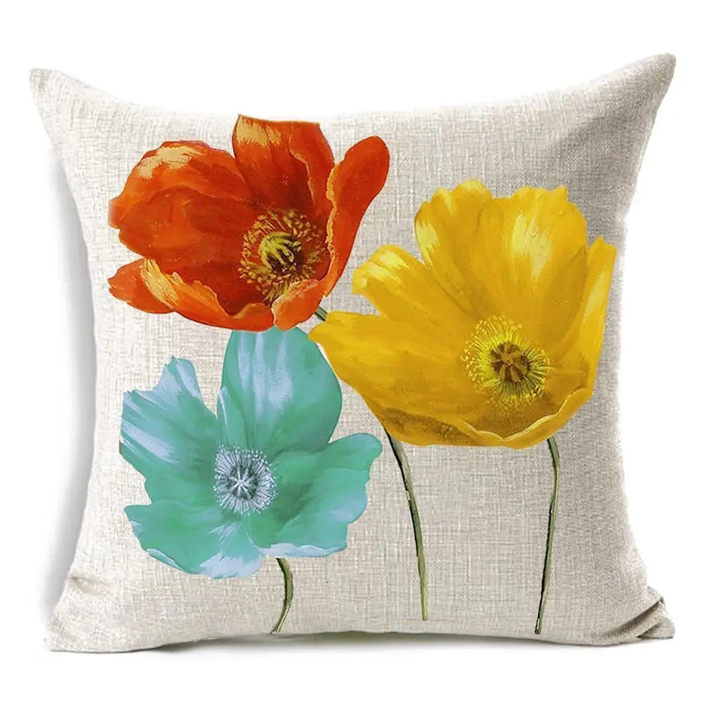 

HOT SALE flax Square pillowcover Throw Pillow Case pillow Cover Enchanting Beautiful Tricolor Red Yellow Blue Poppy Flowers Gift