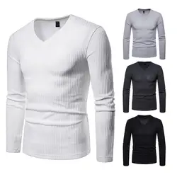 Модная мужская осенне-зимняя повседневная полосатая Базовая рубашка с v-образным вырезом и длинными рукавами, топ, блузка, Лидер продаж