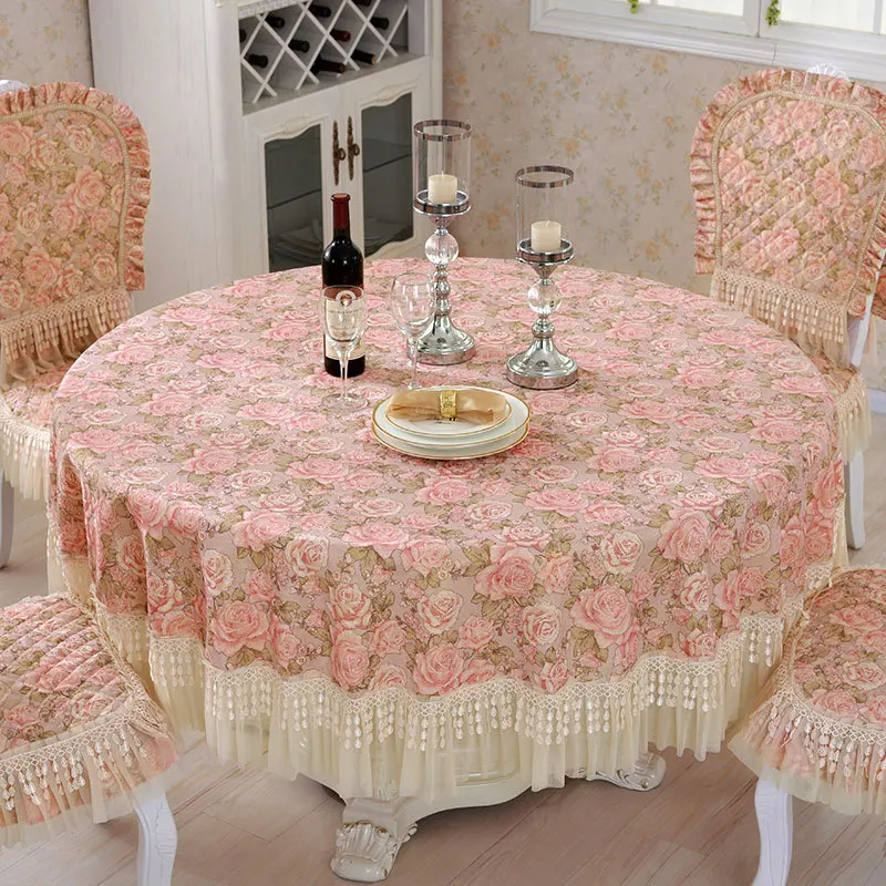 Round Tablecloth Rose Flower Printed Lace Table Cloth Dining Chair