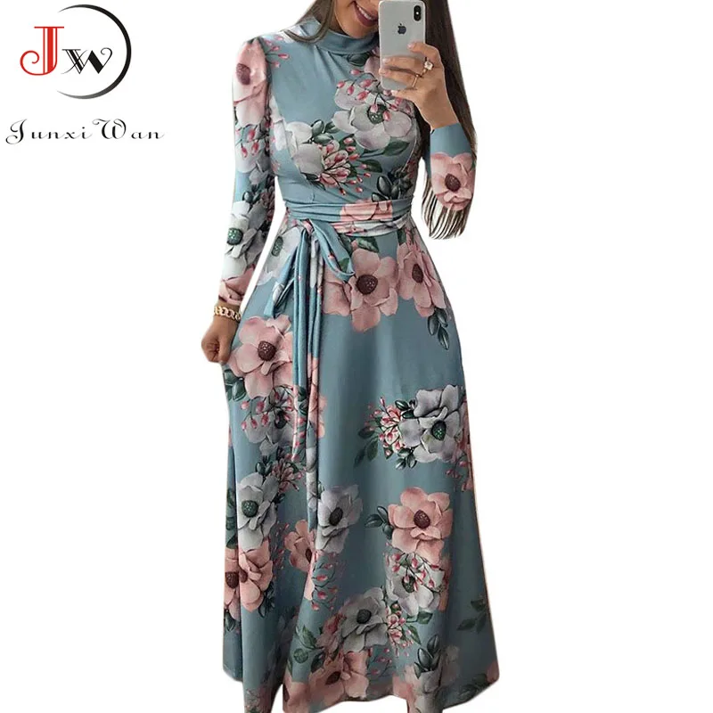 

Women Summer Long Dress 2019 Casual Long Sleeve Boho Floral Print Maxi Dress Turtleneck Bandage Elegant Party Dresses Vestidos