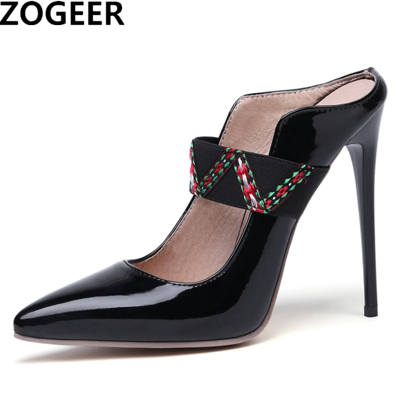 

Summer Woman Shoes Patent leather Pointed toe Slippers ladies slip on Mules high heels Slides Sandals zapatos mujer red white