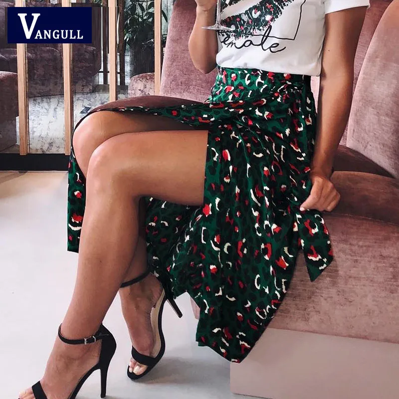 

Vangull Women Skirt Leopard Print Long Skirts Women High Waist Midi Skirt 2019 Summer Sexy Split Wrap Lady Green Bow Print Skirt
