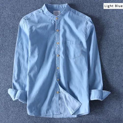 Высококачественная Мужская джинсовая рубашка из чистого хлопка со стоячим воротником и длинным рукавом, светская Модная тонкая мягкая Летняя мужская умная Повседневная рубашка - Цвет: Light Blue Z02
