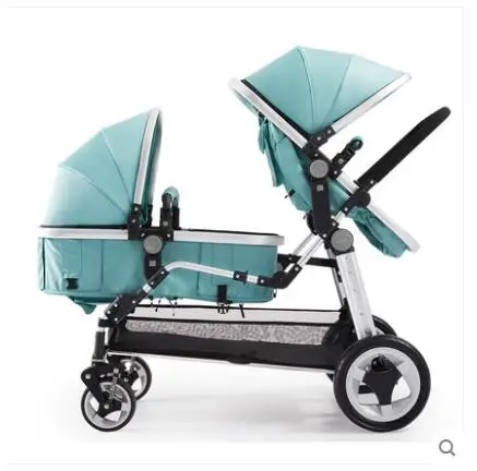 Роскошная прогулочная коляска с высоким пейзажем для детей 0-3 лет, коричневая кожаная коляска для близнецов, два детских автомобиля, цвета, с автокреслом - Цвет: Lake Blue
