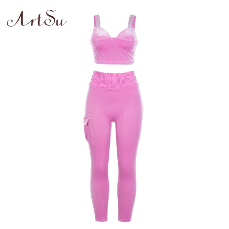 

ArtSu Velvet Tracksuit Women 2 Piece Set Crop Top and Pants Workout Off Shoulder Pink Set Sexy Suits Ladies Autumn ASSU20111