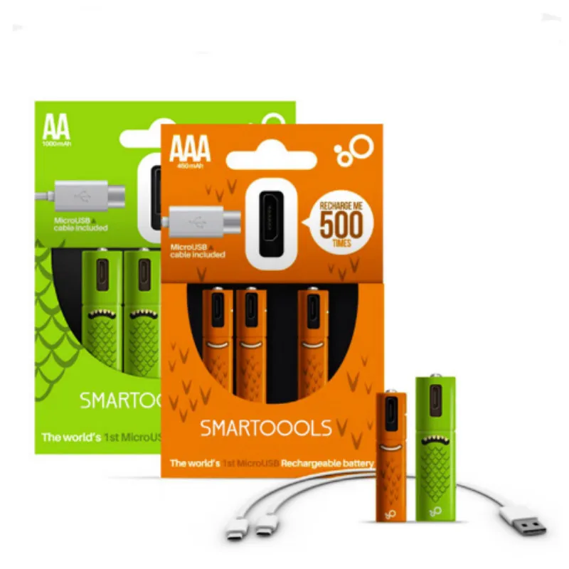 4 шт./лот 1 2 в AA/AAA аккумуляторная батарея 450 мАч 1000 Ni-MH Micro-USB аккумуляторы с 2-1