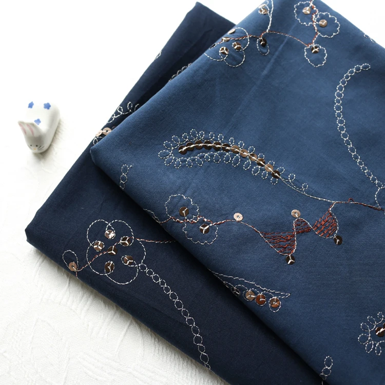 

Manual Cheongsam Dress Fabric Blue Embroidered Bead Sheet Thin Cotton Fabric