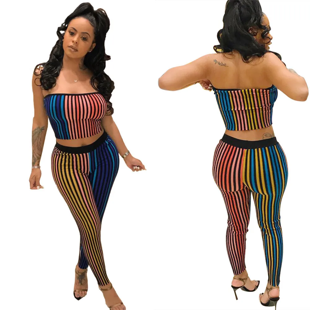 

Sexy Strapless Summer Set Colorful Stripe Pritned Sim Women Set Cheap clothes