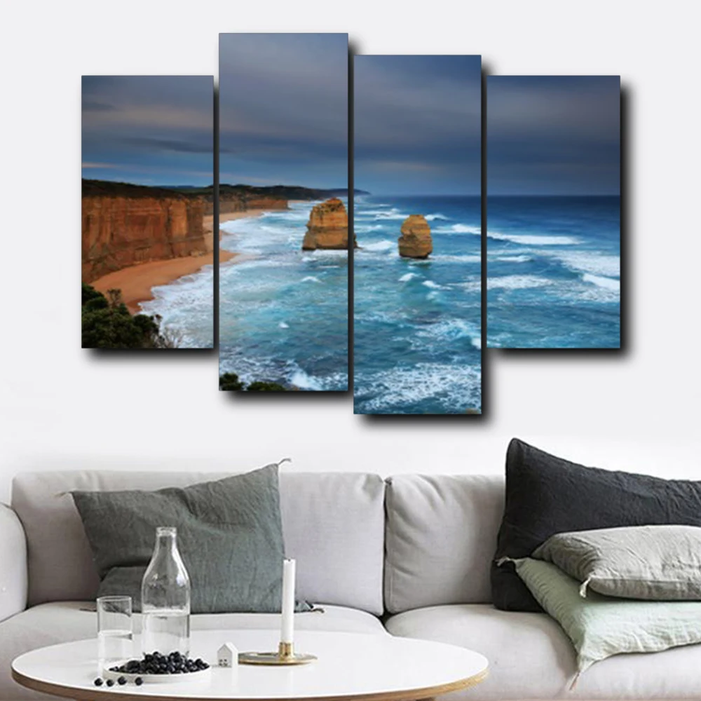 

Laeacco Modern Wall Art 4 Panel Sea Outside Posters and Prints Canvas Calligraphy Painting Nordic Home Living Room Decoration