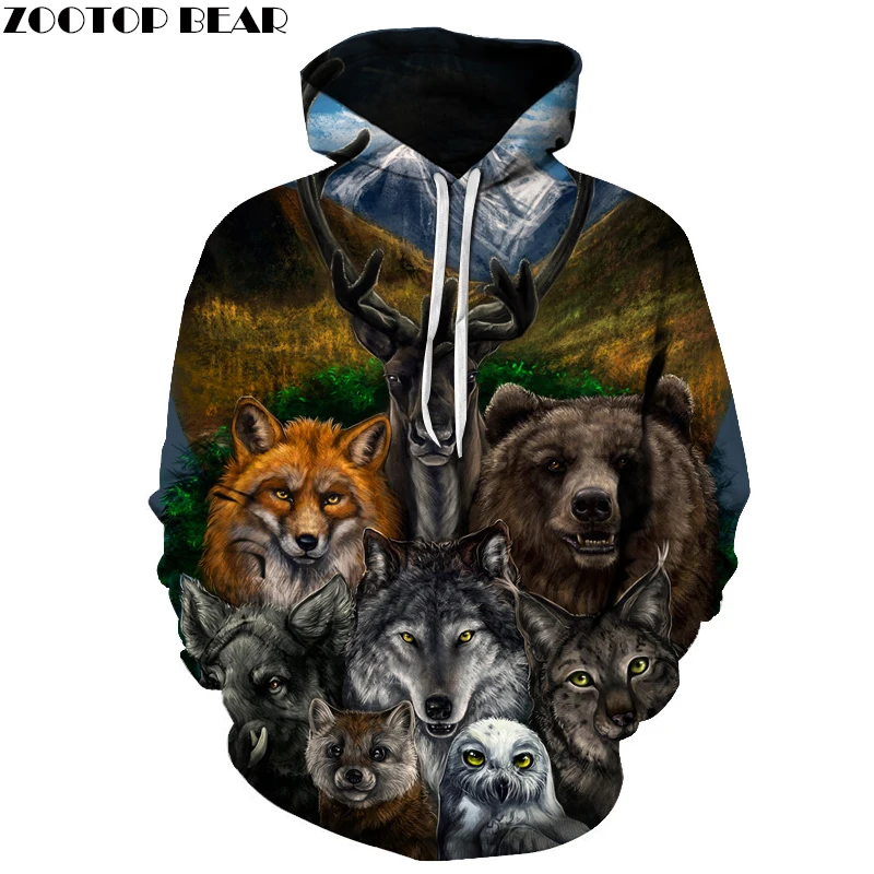 3D Animal Printed Hoodies Men Sweatshirt Bear Wolf Owl Fox Pullover Tracksuit